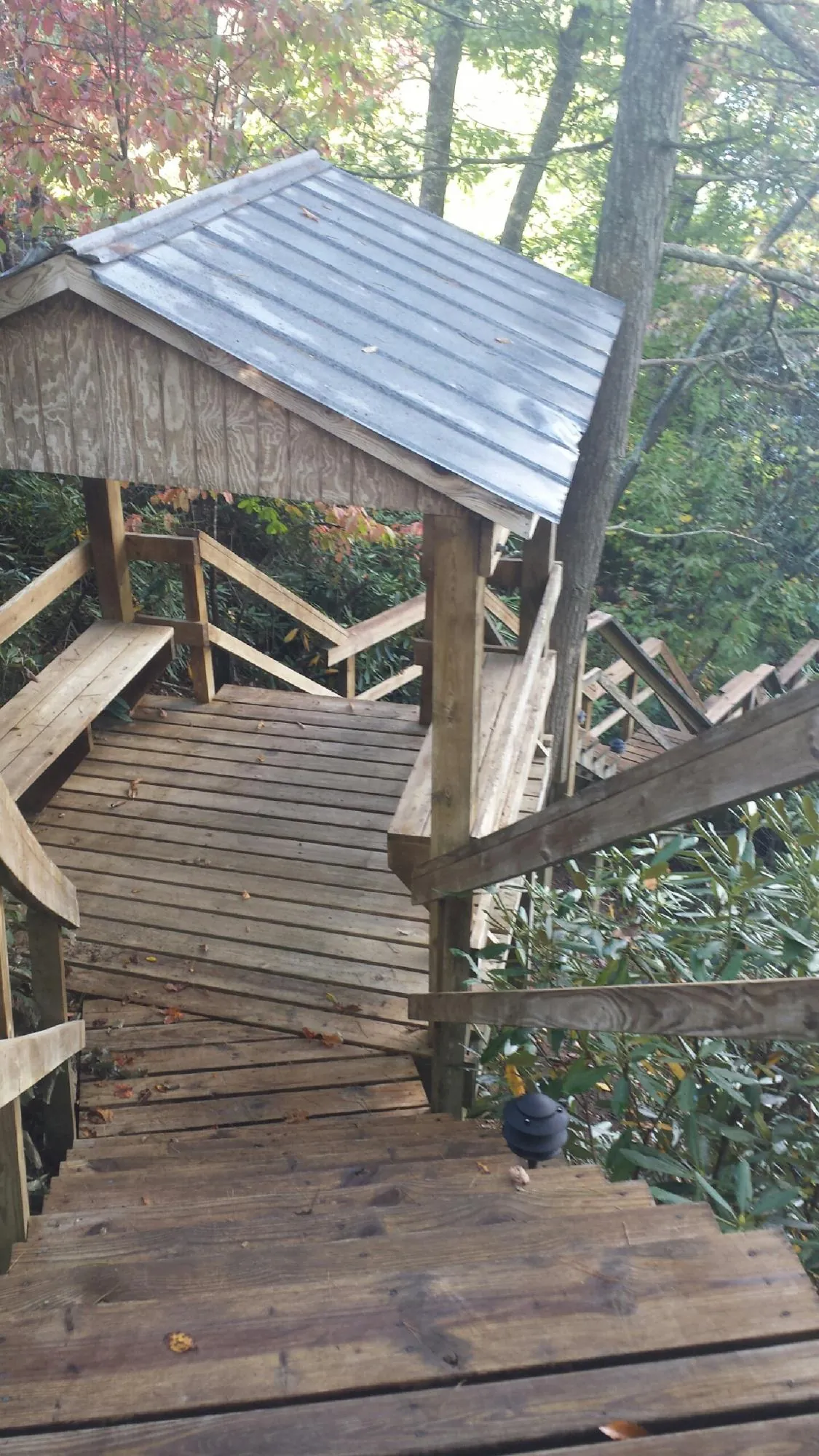 Metal roofed shelter over wooden steps on a wooded walkway — Skylight Repair & Installation work by our crew in Coburn